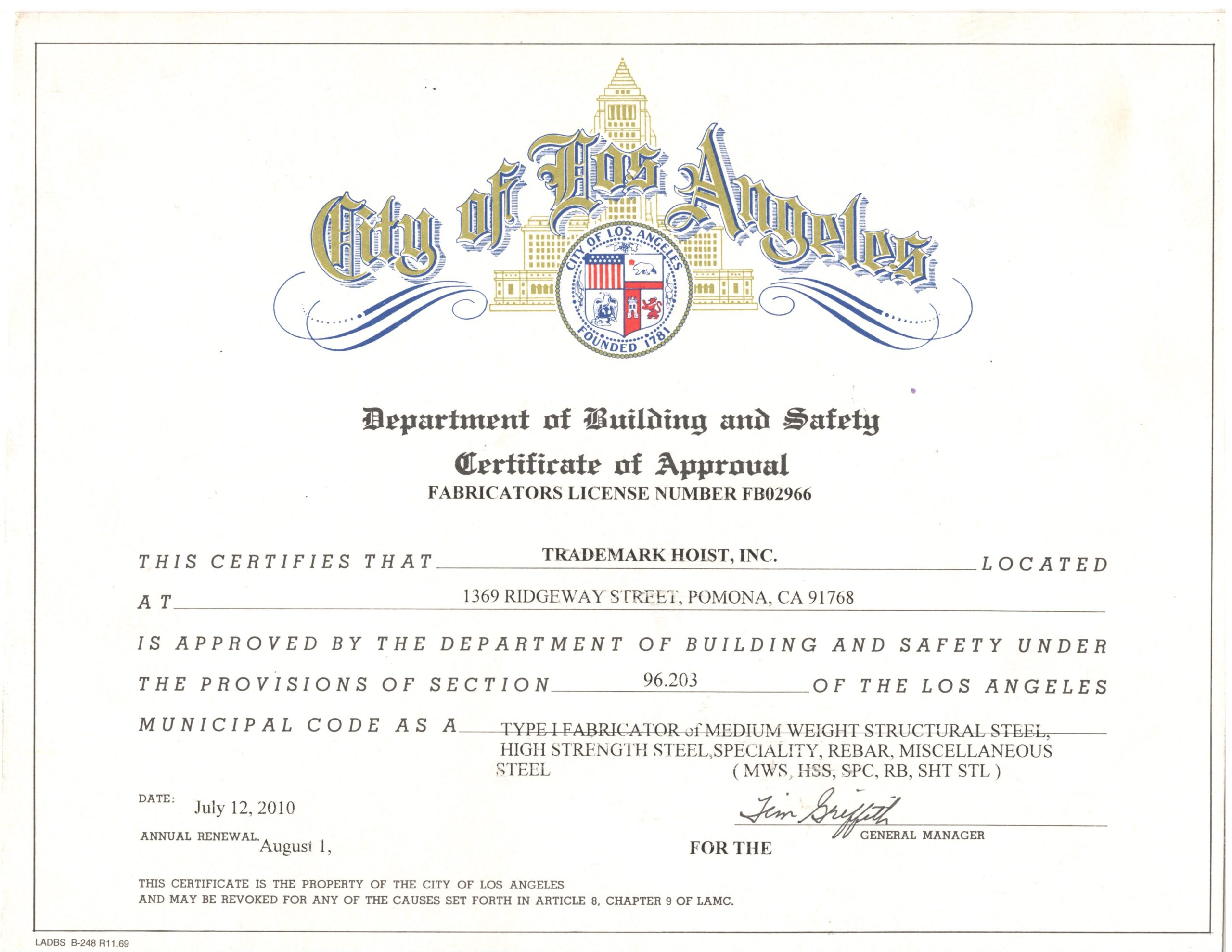 City of Los Angeles Fabricators License No. FB02966