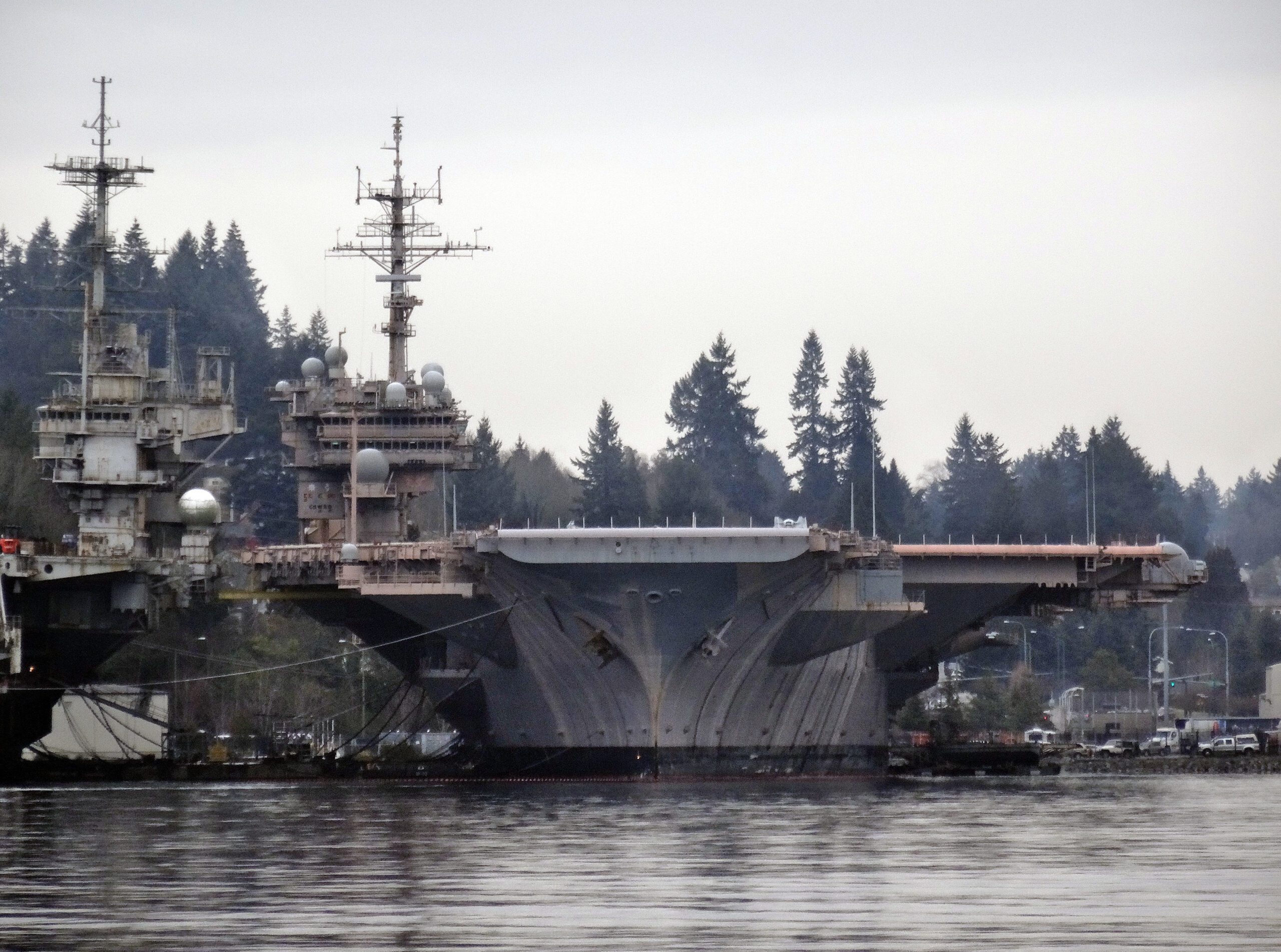 Aircraft carrier docked near forested shoreline